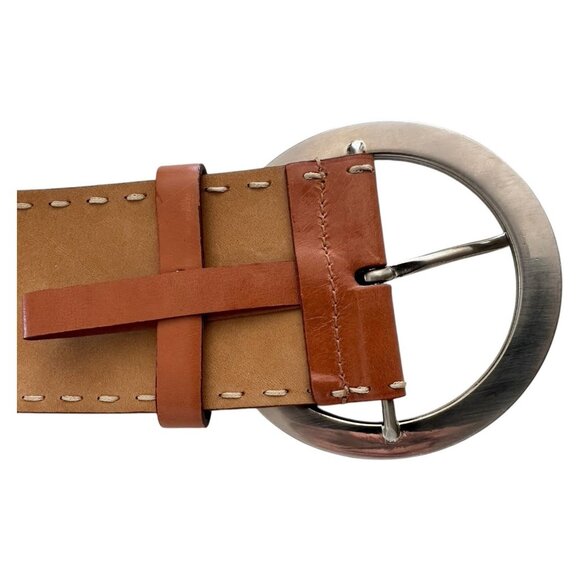 PRADA Belt Women 36 EU 90 Wide Leather Brass Round Buckle Hippie Statement Italy - Picture 12 of 16